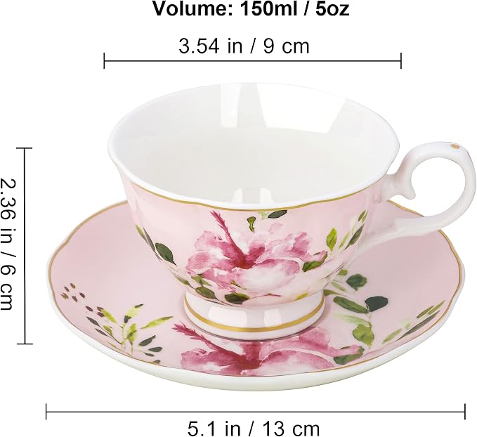 fanquare 5-Ounce Floral Tea Cups and Saucers Set of 6, Assorted Pastel Flowers Porcelain Coffee Cup with Gold Trim, Dishwasher & Freezer Safe