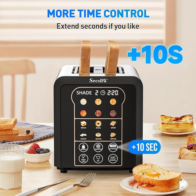 Secura Brands 2 Slice Automatic Toaster, Touch Screen Smart Toaster with Digital Timer, 6 Bread Types, 6 Browning Levels, Reheat/Defrost, +10s Extend, Custom Memory Settings for Home, RV, Office