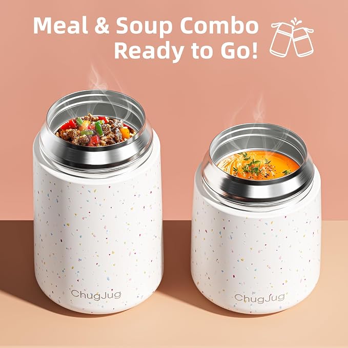2 Pack Insulated Food Jar Set, 26oz & 18oz Stainless Steel Vacuum Insulated Soup Containers for Hot Food, Leak-Proof Thermal Food Jars with Spoons, Cute Stylish Design for School, Work & Travel (White