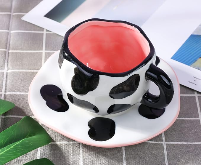 Noviko Cow Mug and Saucer Set Ceramic Cute Coffee Mug 10 oz