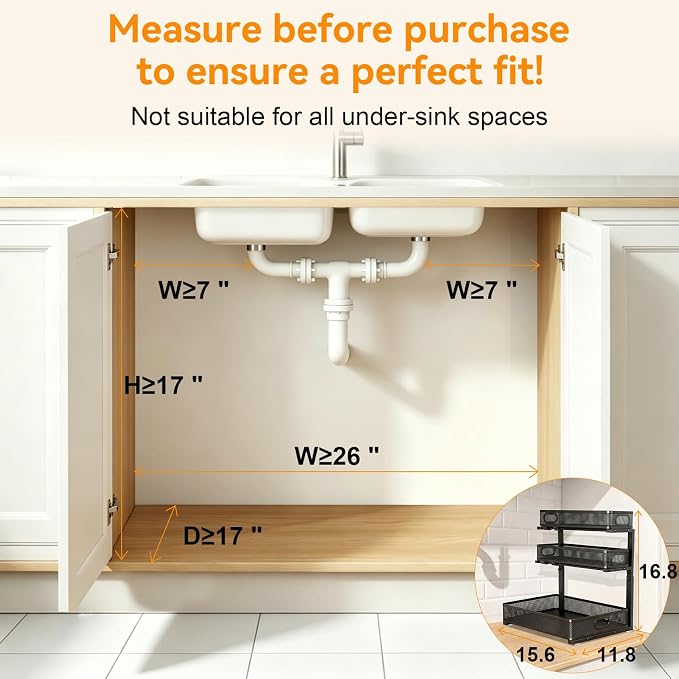 Under Sink Organizer for Bathroom, 3 Tier Adjustable Height Under Sink Storage, Sliding Pull Out Cabinet Organizer Shelf, Metal Multi-Purpose Cabinet Organizer for Kitchen (2 Pack, Black)
