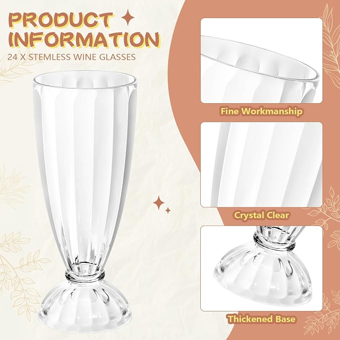 Tioncy 24 Pcs 12 oz Milkshake Glass Acrylic Clear Footed Ice Cream Soda Glass Old Fashioned Fountain Soda Cups for Drinking Sunda Milk Ice Cream
