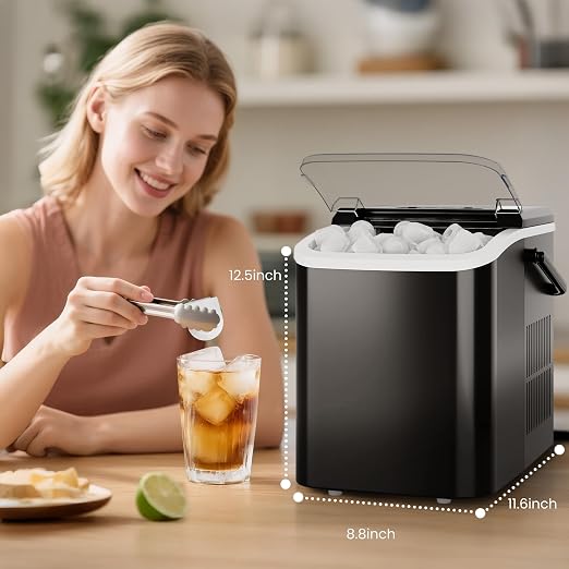 DUMOS Countertop Ice Maker with Handle, 26lbs/24H Portable Ice Machine, 9 Bullet Cubes Ready in 6 Mins, Self-Cleaning, Quiet Compact for Home, Kitchen, RV, Camping, Black