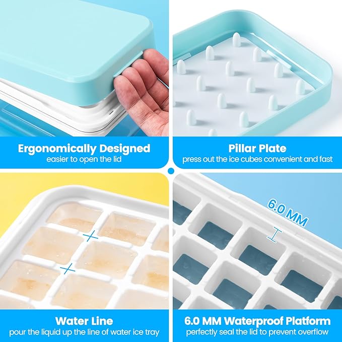 Ice Cube Tray with Lid and Bin, 28 pcs Ice Cubes Molds, Ice Trays for Freezer, Ice Cube Tray Mold, with 1 tray, Ice Freezer Container, Spill-Resistant Removable Lid & Ice Scoop, for Whiskey,Cocktail