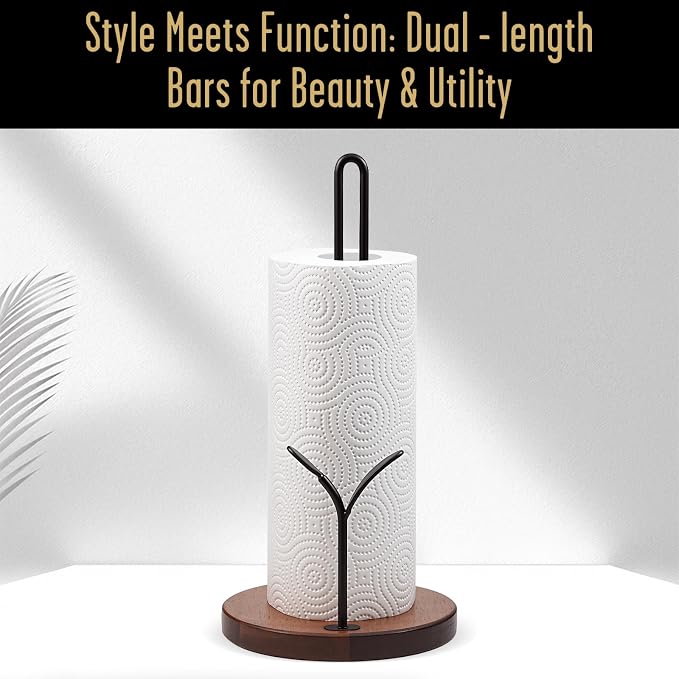 Wooden Paper Towel Holder Countertop,Round Base with Dual Iron Rods in Antique Brown Finish, Leaf-Shaped Accent, Stable & Durable, Non Slip Pads, Elegant Kitchen/Dining Décor