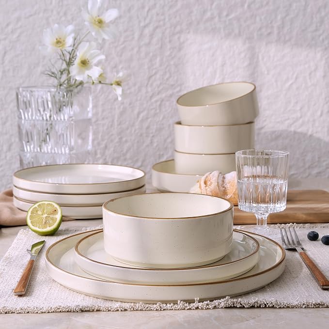 Famiware Nebula Plates and Bowls Sets, 18 Pieces Stoneware Dinnerware Sets, Microwave and Dishwasher Safe Dish Set, Dishware Sets for 6, Vanilla White with Brown Rim