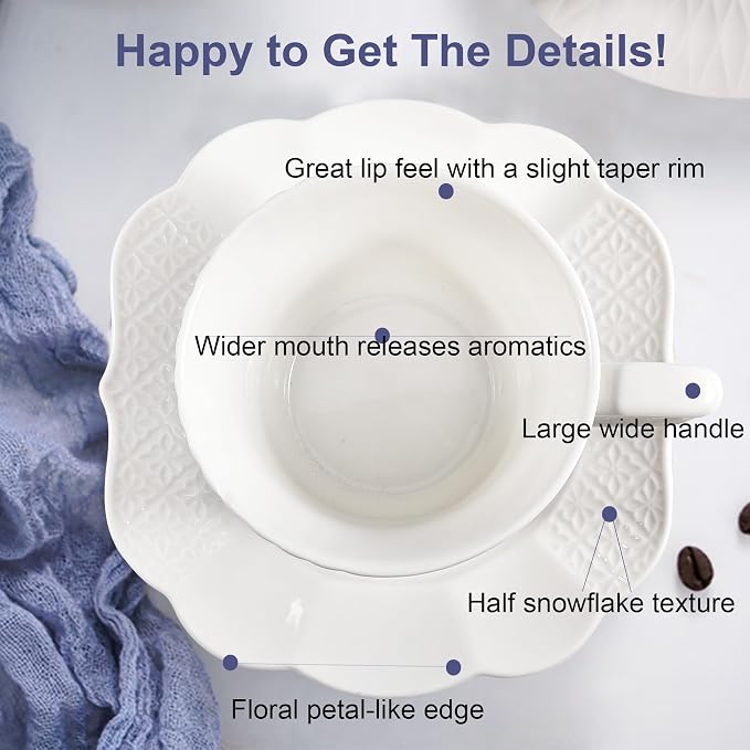 12 Pieces 6 oz Tea Cup and Saucer Set, Cappuccino Latte Americano Coffee Cup with Saucer Set of 6, Espresso Double Shot Cup, New Bone Porcelain Embossment Tea Cups, for Cafe Kitchen, Gift Idea, White