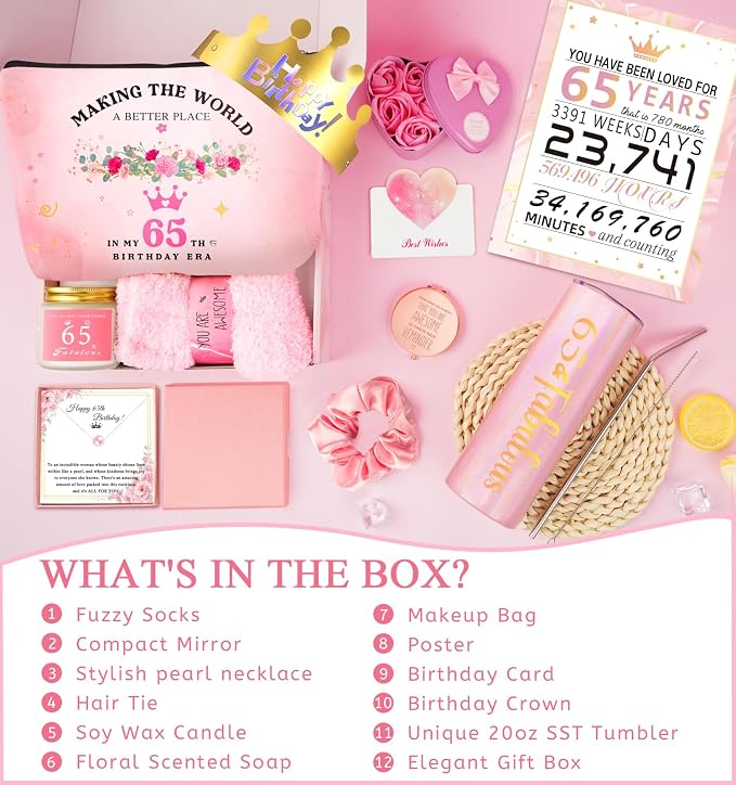 65th Birthday Gifts For Women, Happy 65th Birthday Gifts For Her Mom Sister Wife Best Friend Turning 65, Unique Gift For 65 Year Old Woman Birthday, Funny Birthday Decorations Gift Ideas