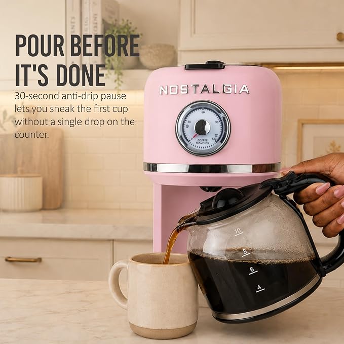 Nostalgia Classic Retro 10 Cup Coffee Maker - One-Touch Drip Brew, Reusable Filter - Anti-Drip, Auto Shutoff, & Time Display - Dishwasher Safe 50 oz Carafe - Pink