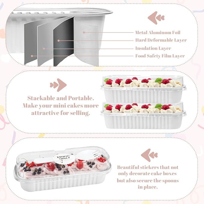 25Pack White Mini Cake Pans with Lids 6.8 Oz Mini Loaf Pans and Spoons and Stickers, Aluminum Foil Pans Tins, Individual Dessert Cups Containers for Sales,Party,Picnics