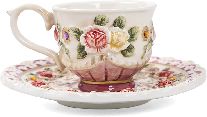 Ceramic Coffee Mug and Saucer Set for Women, Vitorian Hand-painted Rose Flower Tea Cup - 3oz(Red)