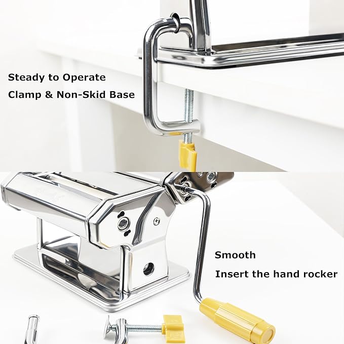 Pasta Maker Machine With 7 Adjustable Thickness Settings, Stainless Steel Manual Noodle Maker,Pasta Roller& Cutters With Removable Handle and Clamp For Kitchen (G-1350+Brush + Sponge)