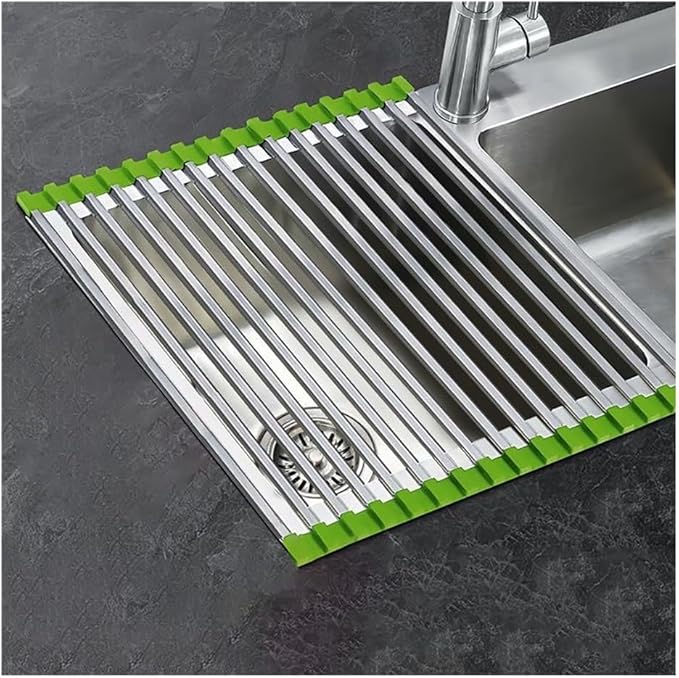 Roll Up Over The Sink Dish Drying Rack, 32-60CM Multipurpose Foldable Sink Cutting Board Dish Rack Mat for Kitchen Counter RV Camper Accessories Travel Trailer(Green,L 42cm/16.5in)