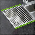 Roll Up Over The Sink Dish Drying Rack, 32-60CM Multipurpose Foldable Sink Cutting Board Dish Rack Mat for Kitchen Counter RV Camper Accessories Travel Trailer(Green,L 48cm/18.9in)