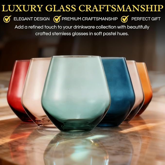 Beautiful Colored Wine Glasses | Set of 6 | Crystal, Large 16oz - Stemless Goblet Drinking Cups, Luxury Multi Color Glassware Gift Set - Her, Wife, Mom Friend - Colorful Drinkware Water, Wine Cocktail