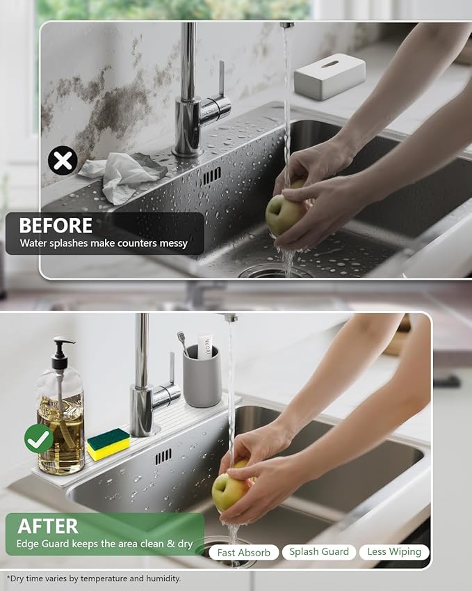 Stone Drying Mat for Kitchen Faucet: Diatomite Stone Drying Tray - Fast Water Absorbent Kitchen Sink Splash Guard for Bathroom Faucet & Counter - Ideal for Moms & Housewife (White, 15.75" x 3.94")