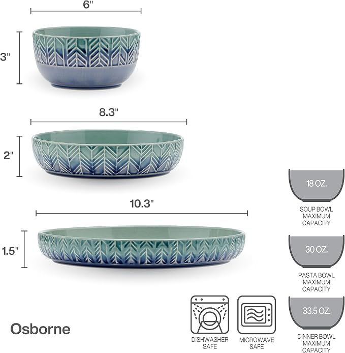 Mikasa Osborne 9 Piece Dinnerware Bowl Set, Service for 3