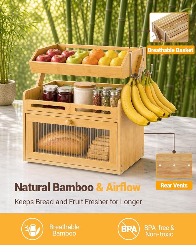 Bread Box for Kitchen Countertop, Bamboo Bread Storage Container with Fruit Basket, Clear Door & Magnetic Closure, Raised-Rail Shelves & 2 Banana Hooks, Farmhouse Pantry Organizer