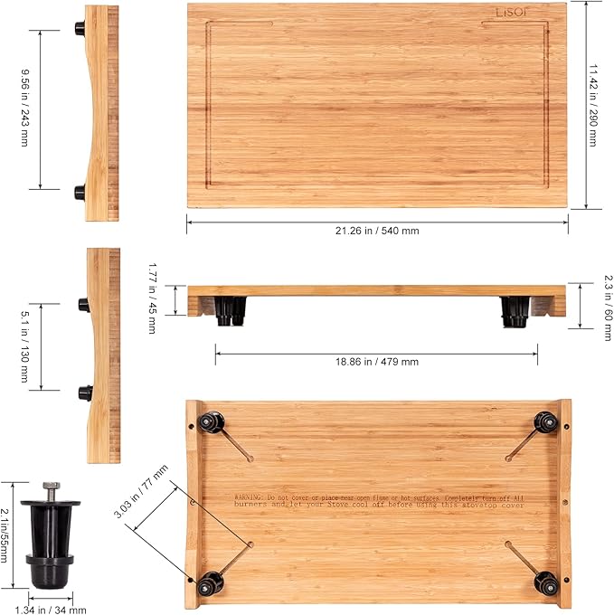 Bamboo Stovetop Cover&Countertop Cutting Board with Adjustable Legs, Dual-purpose Chopping Board for Electric Stove Burner, Workspace Block Cover for RV Camping Camper Gas