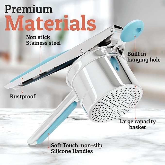 PriorityChef Large 15oz Potato Ricer With 3 Discs, Heavy Duty Stainless Steel Potato Ricer for Mashed Potatoes, Potato Masher, Press and Ricer Kitchen Tool, Turquoise