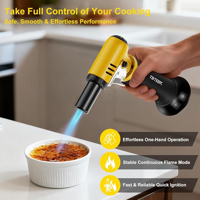TBTeek Butane Torch with Fuel Gauge T907, One-hand Operation Kitchen Torch Lighter with Adjustable Flame for BBQ, Baking, Brulee Creme, Crafts and Soldering(Butane Gas Not Included)