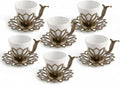 Alisveristime (Set of 6) Turkish Coffee Set with Porcelain Cups, Zamac Holders & Saucers – 80ml Capacity, Ottoman Motif, 4 Color Options (Antique Green)
