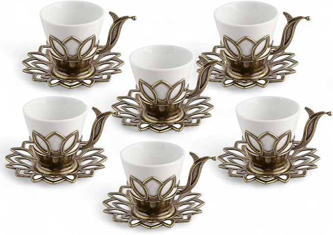 Alisveristime (Set of 6) Turkish Coffee Set with Porcelain Cups, Zamac Holders & Saucers – 80ml Capacity, Ottoman Motif, 4 Color Options (Antique Green)