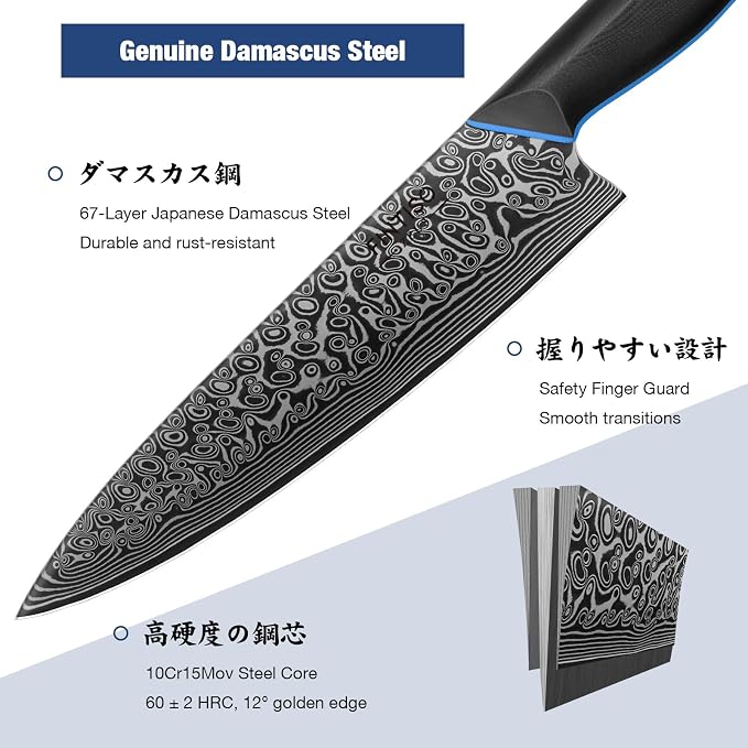 FINTISO Chef Knife 8 inch, 67-Layer Japanese Damascus Steel Kitchen Knife, Sharp Knife with G10 Handle, Professional Cooking Knives for Home and Kitchen