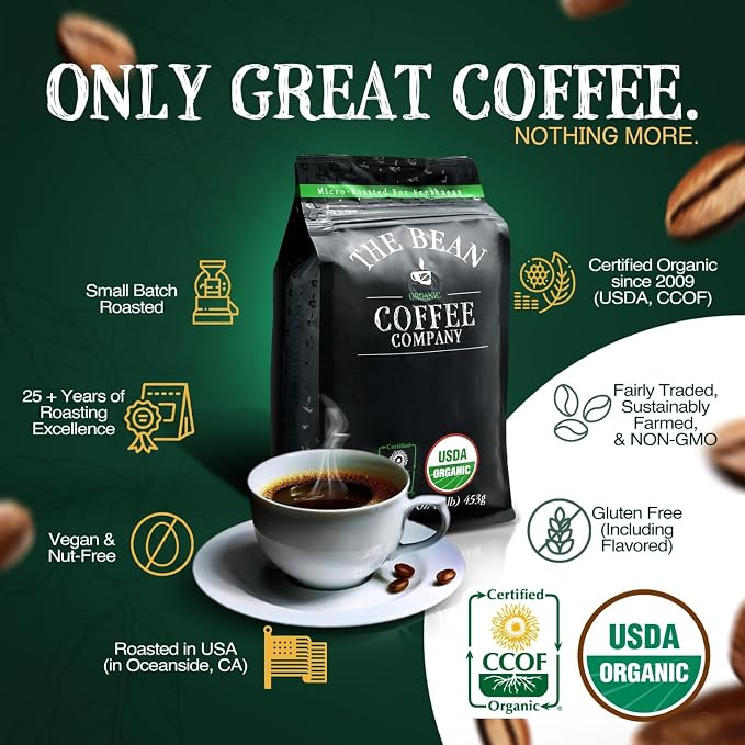 The Bean Organic Coffee Company Suzi's Power Bean, Dark Roast, Ground Coffee, 16-Ounce Bag, Café molido tostado orgánico