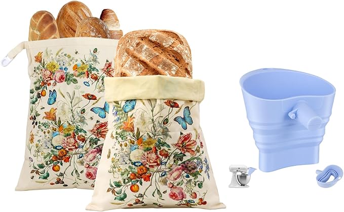 Sourdough Baking Set - 2 XL Beeswax Bread Bags for Homemade Bread (17×13 in) with Botanical Print & 1 Foldable Silicone Funnel Stand Mixer Attachment for 4.5-5 Quart Tilt-Head Mixers
