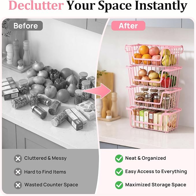 SUNALLY Stackable Storage Bins 6 Pcs Wire Baskets for Pantry Organizers and Storage, Vegetable Fruit Storage Basket for Countertop Organizer,Kitchen Storage Baskets for Onion Potato Snack,Pink