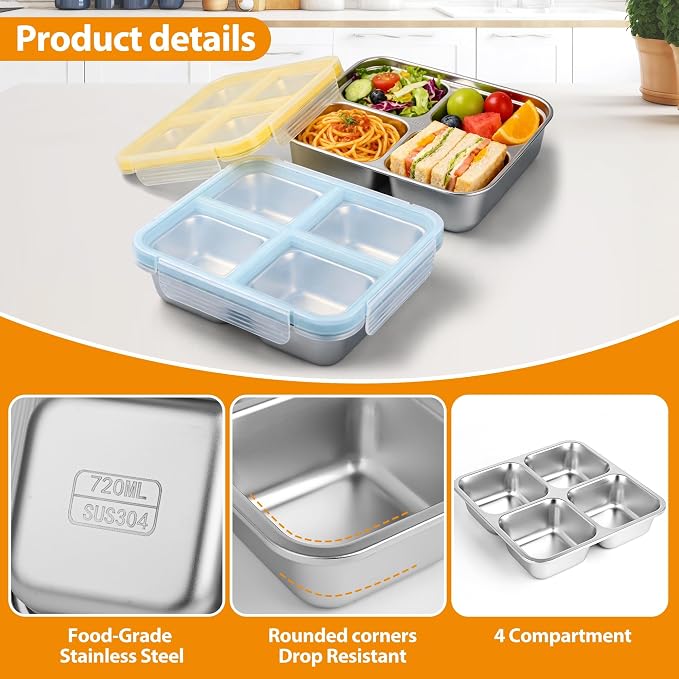 4 Pack Stainless Steel Snack Containers with Lids, 4-Compartment Leakproof Bento Snack Boxes, Reusable Dishwasher Safe Food Storage Containers for Adults, Office, Travel & Meal Prep (4pack-a)