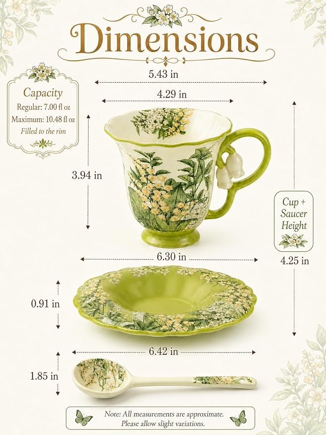 Tea Cup and Saucer Set with Spoon, Porcelain Flower Tea Cup with Saucer, Cute Vintage French Style Coffee Cup Gift Set with Box for Women and Tea Parties