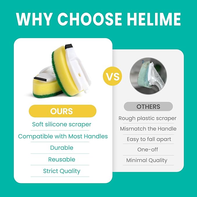 HELIME Heavy Duty Dishwand Sponge Refills, 2in1 Dish Wand Replacement Heads with Silicone Scraper, Non Scratch Dishwashing Brushs Scrubbers Soap Dispenser, Dishwand Refills Handle