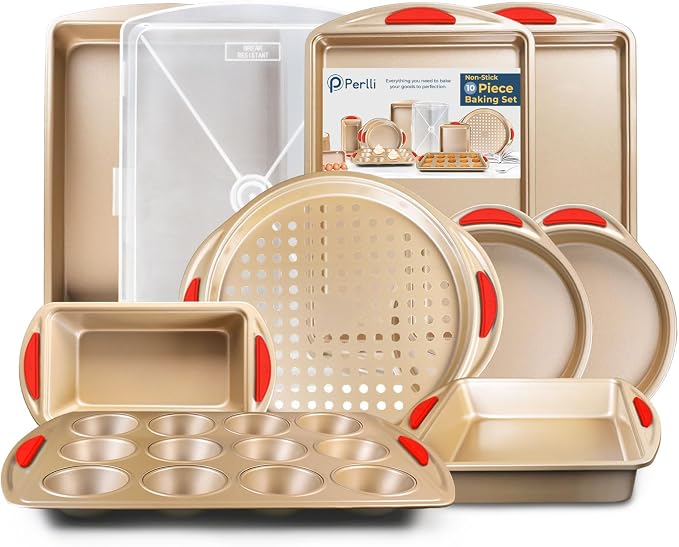 Perlli 10 Piece Baking Set - Nonstick Gold Steel Oven Bakeware With Silicone Handles, Cookie Sheets, Round Cake Pans, 9x13 Pan With Lid, Loaf Pan, Deep Pan, Pizza Crisper, Muffin Pan