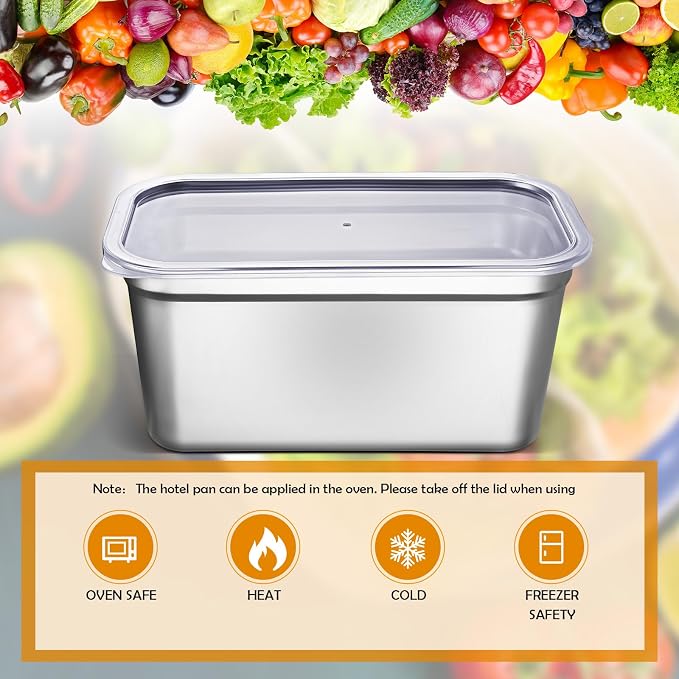 8 Pcs 304 Stainless Steel Food Storage Containers with Lids 1/3 Size Hotel Pan Chicken Food Grade Pans Metal Meal Containers for Restaurant Stackable Kitchen Freezer Buffet(6 Inch Deep)