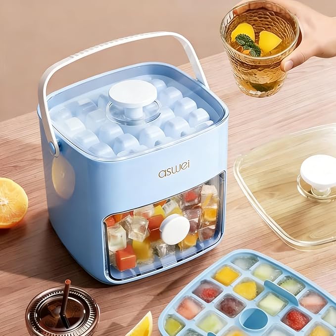 Ice Cube Tray with Lid and Bin, Pack Stackable Ice Tray with Bin and Scoop, BPA-Free Plastic Ice Cube Trays for Freezer with Lid, Chilling Whiskey, Coffee, Cocktail (Blue)