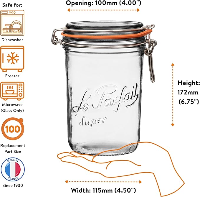 Le Parfait Super Terrine 1L (32oz) Zero Waste Eco-Friendly Glass Canning Jars, Airtight Rubber Seal & Wire Bail Lid, BPA-Free, Water Bath Safe for Food Storage & Preserving, Made in France, 4PK