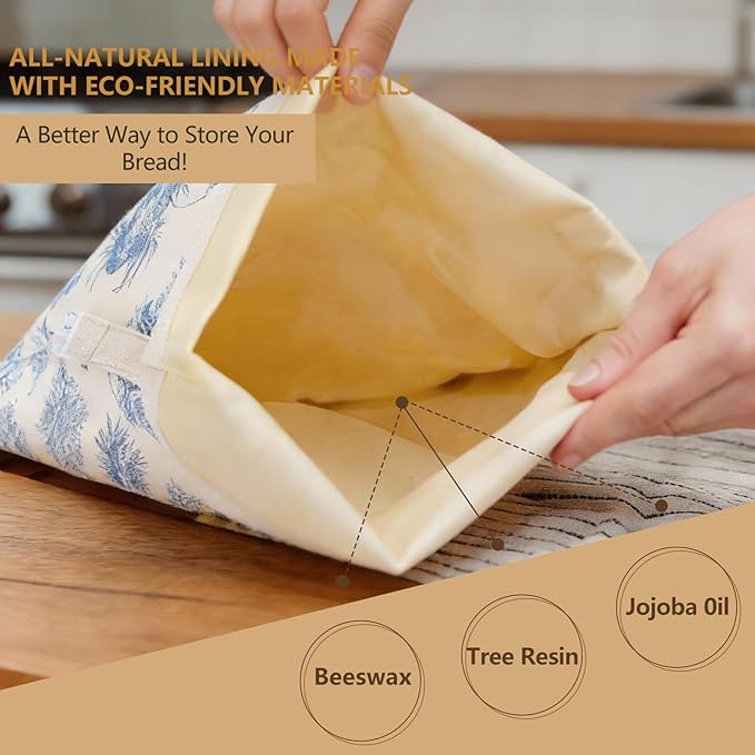 Reusable Beeswax Bread Bags for Homemade Bread & Sourdough, 2-Pack XL Airtight Food Storage Bags, Organic Cotton Linen Covers - Freezer-Friendly Freshness Preservation Keeps Fresh Longer