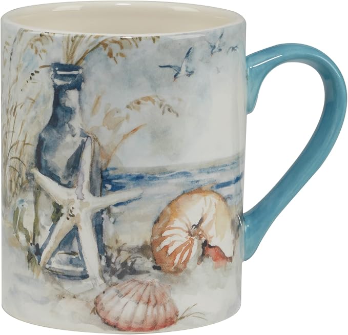 Coastal Landscape 16 oz. Ceramic Mugs – Set of 4 Assorted Beach Designs with Starfish, Shells & Ocean Bottles – Seaside Coffee Cups for Tea, Hot Cocoa, or Gifting – Blue Handle Accent