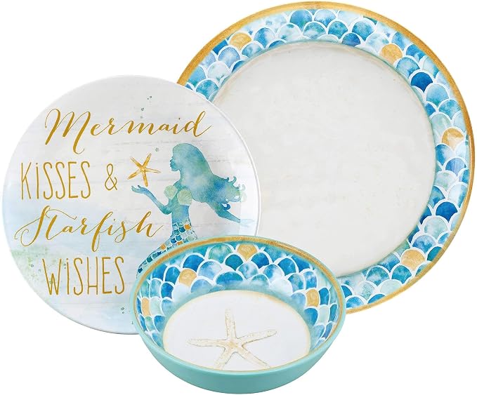 UPware 12 Piece Mermaid Melamine Dinnerware Sets, Outdoor Dishes Set, Plates and Bowls Sets, Service for 4, Blue