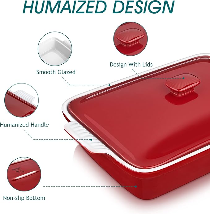 vancasso Blossom Casserole Dish With Lid, 3.8 Quart Casserole Dish for Oven, 9x13 Baking Pan with Handles, Large Casserole Baking Dish Lasagna Pan with Lid, Microwave, Dishwasher Safe, Red