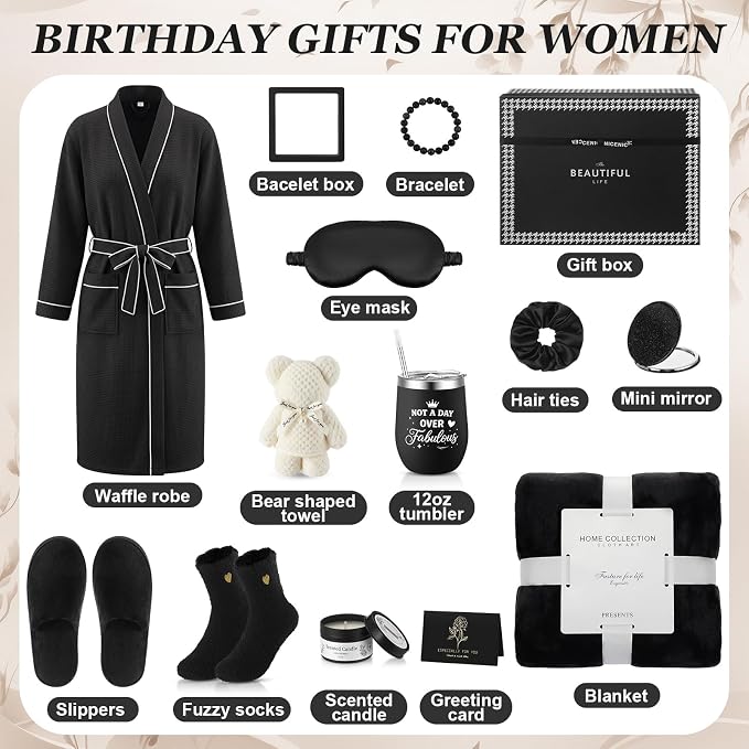 Sieral 14 Pcs Birthday Gifts for Women Care Blanket Gifts Set Spa Baskets Get Well Soon Gift Baskets Gift for Women Mom Her Girlfriend Sister Daughter Friend Wife Grandma (Piped,Black)