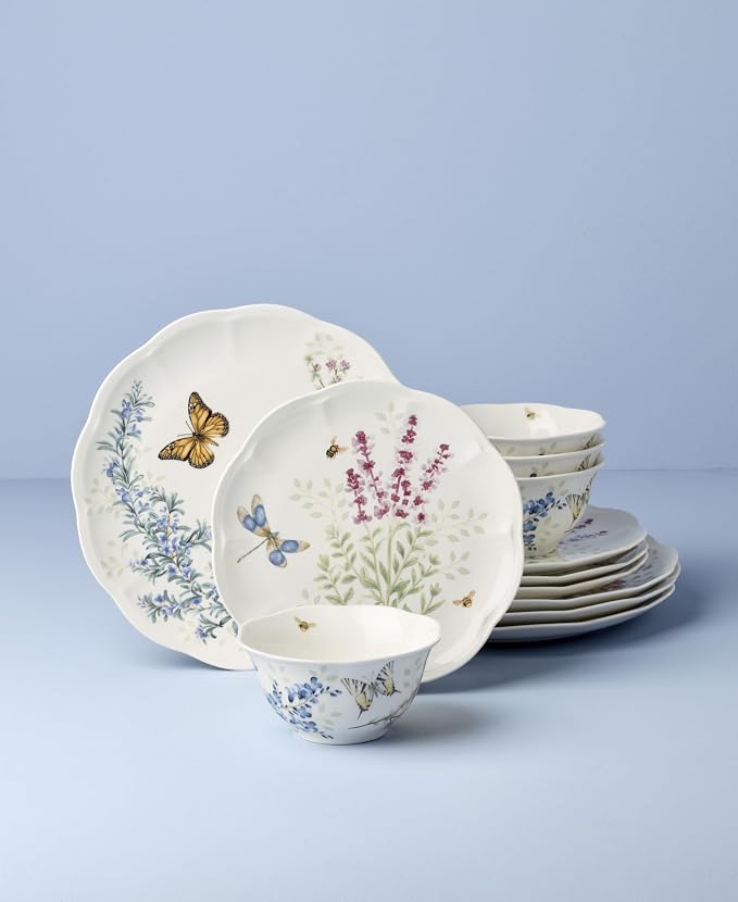 Lenox Porcelain Dinnerware Sets For 4, Butterfly Meadow Herbs 12-Piece Dinnerware Set, Service For 4, Microwave Safe Plates, White Dinner Plates and Bowls Sets, Dishes, Kitchen and Dining (12 Piece)