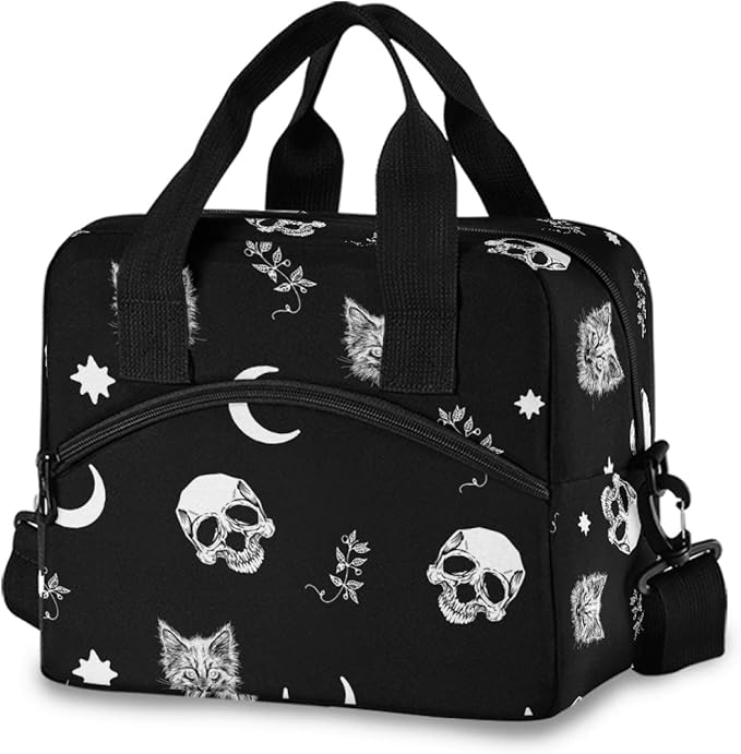 Skull Cat Moon Gothic Insulated Lunch Bag Reusable Lunch Tote Bag Cooler Bag for Women Men Adult Lunch Box with Adjustable Shoulder Strap Leakproof Lunch Bag for Work School Picnic Camping