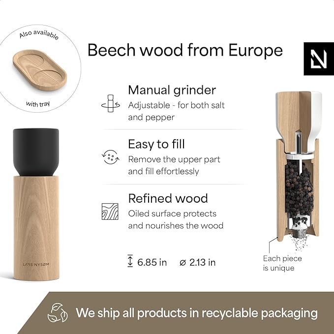 LARS NYSØM Wooden Salt and Pepper Grinder Set Manual - Salt and Pepper Mills with Adjustable Ceramic Grinder - Elegant Beechwood Pepper and Salt Mill Set for Dining Table (Black/White)