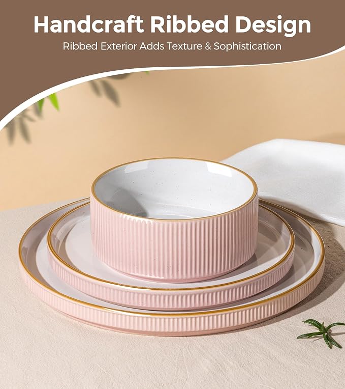GBHOME Stoneware Dinnerware Sets for 4, 12 Pieces Lightweight Ceramic Ribbed Plates and Bowls Set, Reactive Glaze Stackable Plate Sets, Scratch Resistant Dishes, Microwave & Dishwasher Safe,Pink