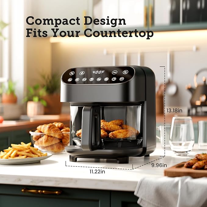 Kismile 5QT Glass Air Fryer, BPA-Free Non Toxic AirFryer with Digital Touch Control, 1500W Portable Airfryer, Dishwasher Safe Basket, Up to 400°F, Cooks with 95% Less Oil(Black)