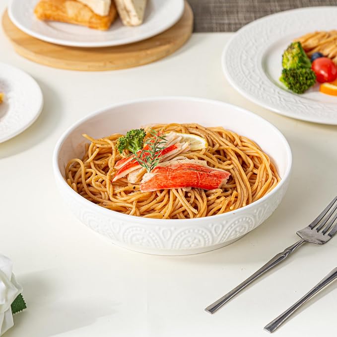 16-Piece Ceramic Dinnerware Set for 4, Athens Palace Relief Dishes and Plates Sets, Includes Deep Pasta Bowls, Plates and Bowls, Elegant High-Temperature Reinforced Porcelain, White