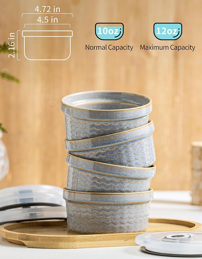 Ceramic Small Baking Dishes for Oven, 12oz Meal Prep Containers Charcuterie Bowls with Lids, Creme Brulee Ramekins Set, Pudding Custard Cups Fruit Souffle Bowls Set of 4, Grey Ripple
